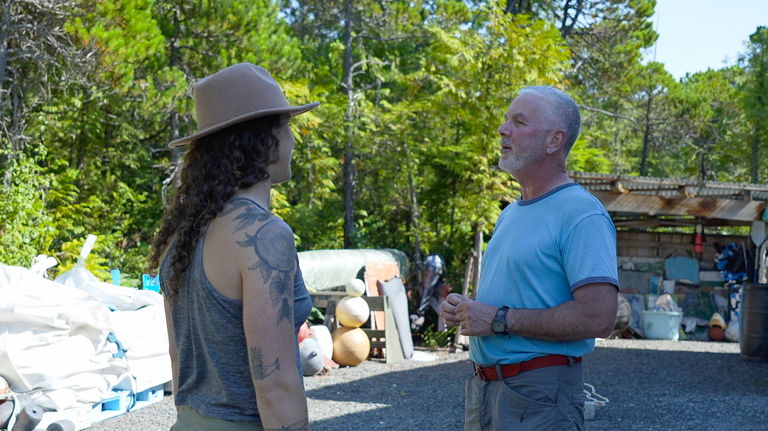 Film still from The Salvaged Project. Pictured are environmental artists Kim Leckey and Pete Clarkson.