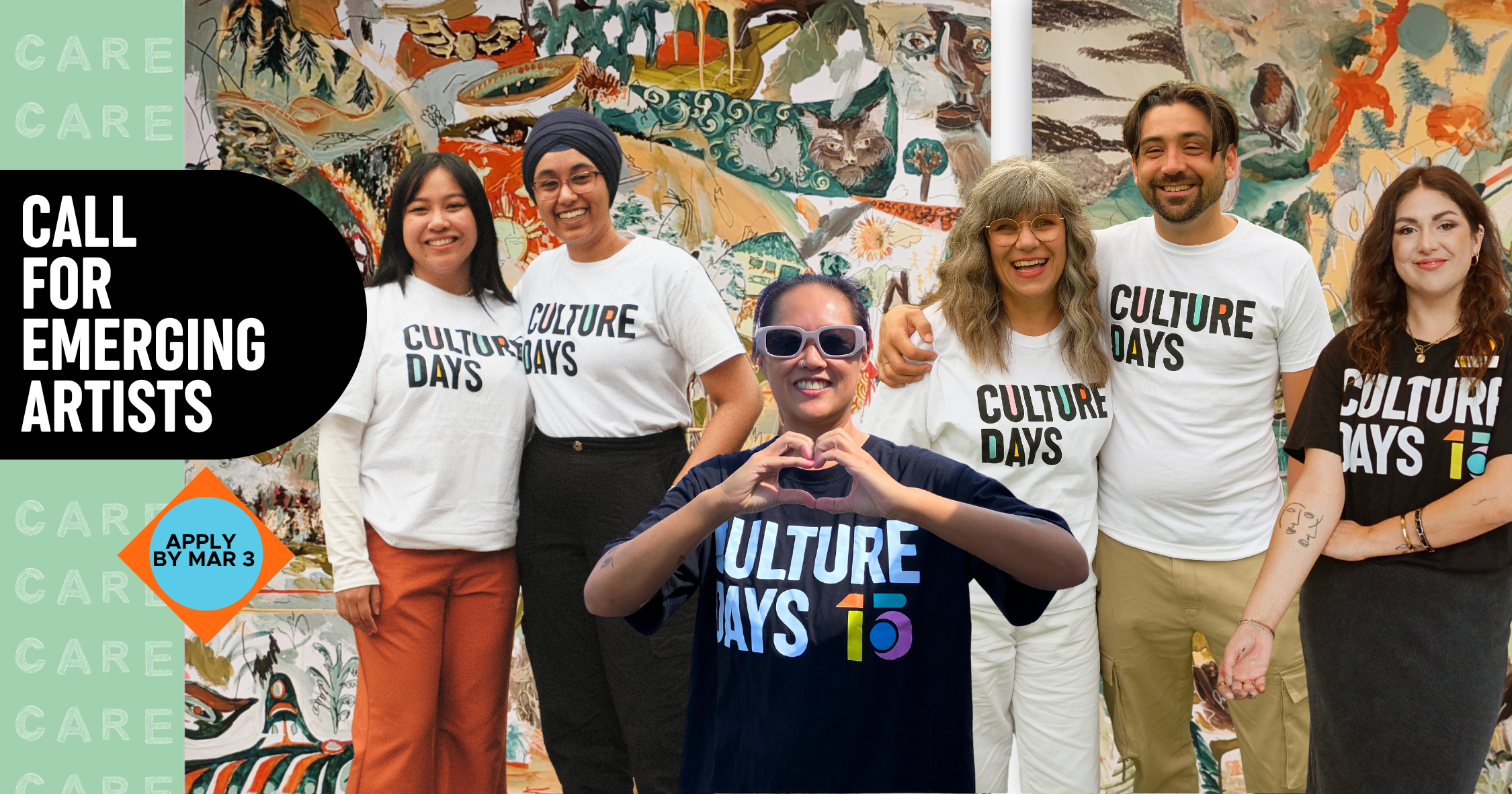 Graphic banner with a colourful abstract background and cut out images of 6 artists who are wearing Culture Days t-shirts. Text on the image says "Call for Emerging Artists. Apply by Mar 3." 