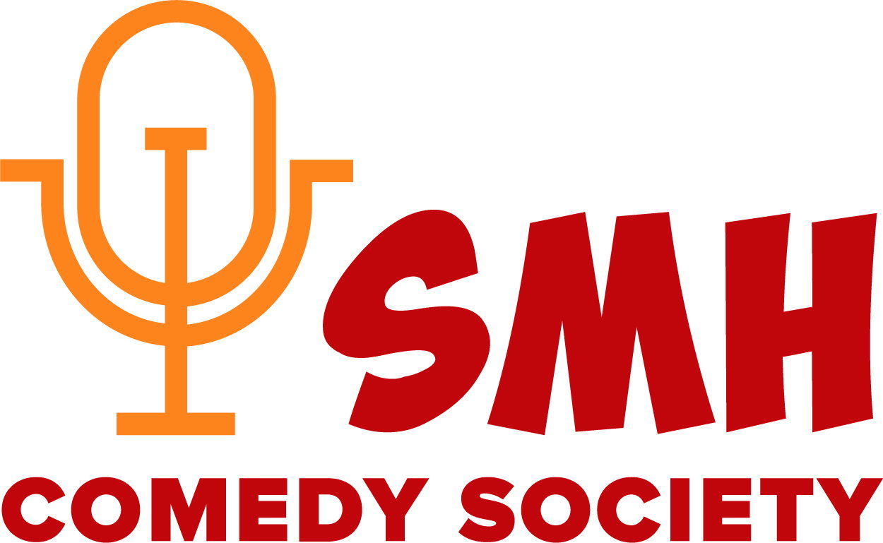 Orange and red text logo with a microphone illustration. It reads "SMH Comedy Society."