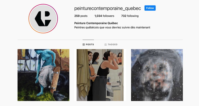 Artwork featured on Peinture Contemporaine Québec’s Instagram feed. From left to right, works by: Robert Chayer, Chloe Gallagher-Smylie, Luca Fortin. Screenshot, June 2020. Photo courtesy of the author.