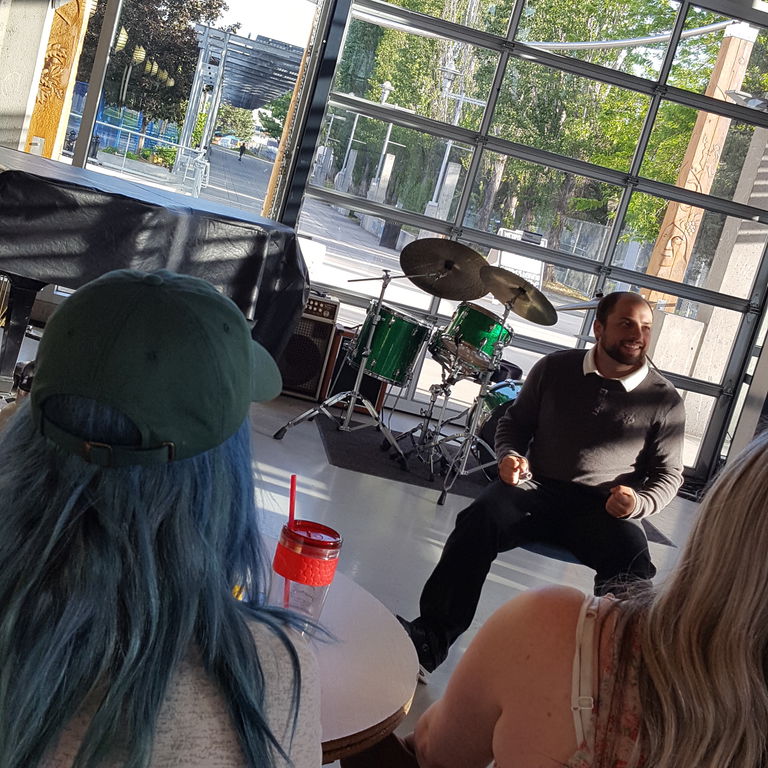 Tate Adrian of Theatre Kelowna Society delivers a dramatic monologue during a free performance at the Rotary Centre for the Arts.
