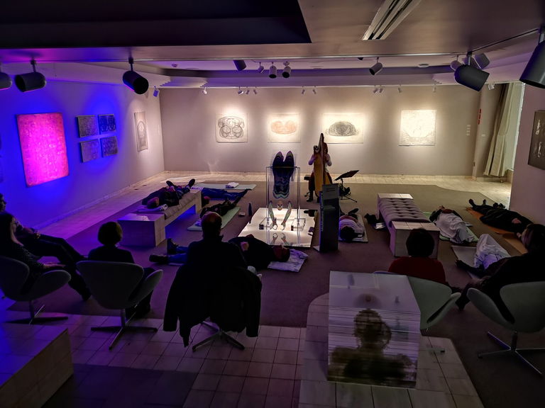 Staff Artist on the Wards Bev Ross, leads a Harp Relaxation for Patients, Family and Hospital Staff at McMullen Gallery, during Under the Surface, November 2018.