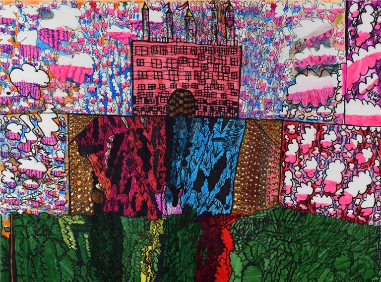 Susie Meredith, “The Power Castle” (2019), 32 X 24 in, Felt Marker. Photo courtesy of cSpace King Edward