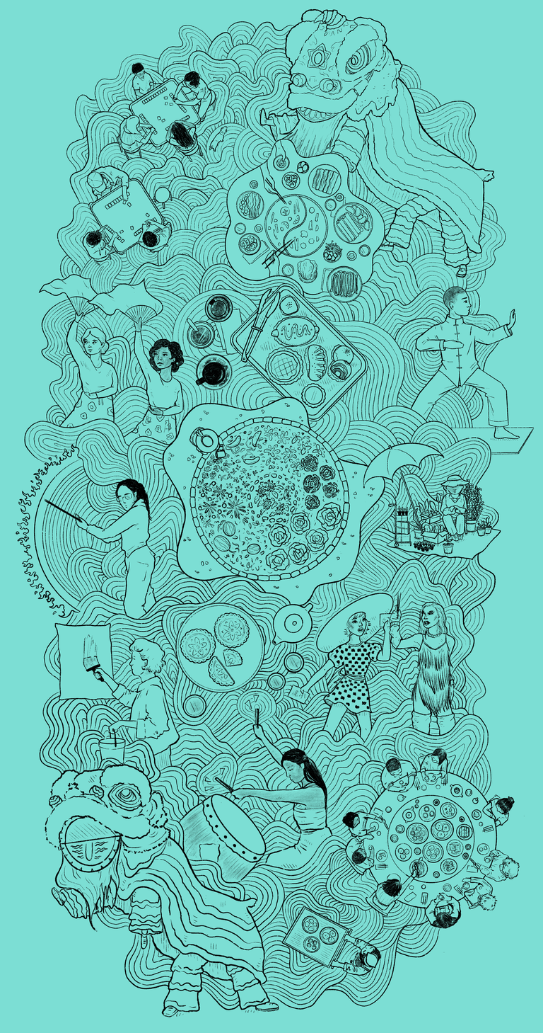 Illustration by: Christie Carrière 加文. Groups and artists featured: Tea Base (mahjong), Hong Luck Kung Fu, Happy Dancing Group, Friends of Chinatown TO (garden), Queens of Dim Sum, Milkshook Queen, Destiny Doll, and RAW Taiko Drummers.