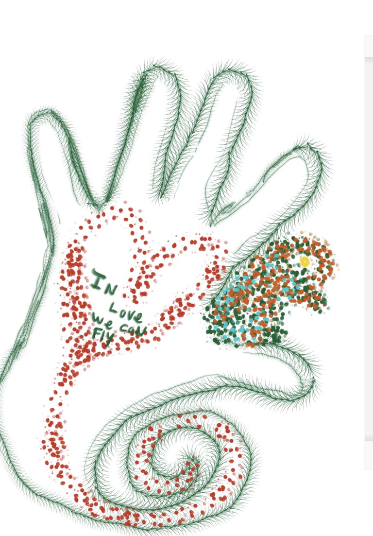 A hand is traced in green with a short poem on it, "In love, we can fly."  There is a red speckled heart around the poem, and specks of red, green and turquoise to the right of the hand.