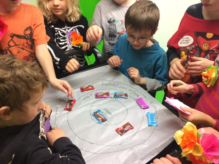 A group of kids gather around a chart with the words many, few, and none in concentric circles drawn on a piece of paper. The kids are using markers to vote on different topics in the context of many, few, and none.