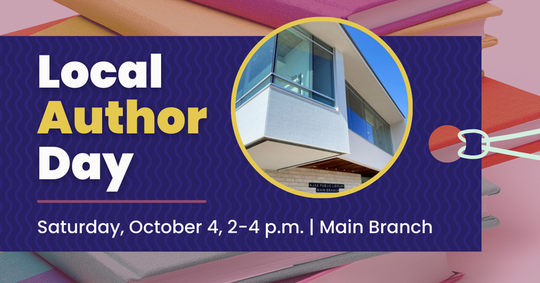 Stack of books in the background with a graphic of a bookmark on top with text that says Local Author Day.
