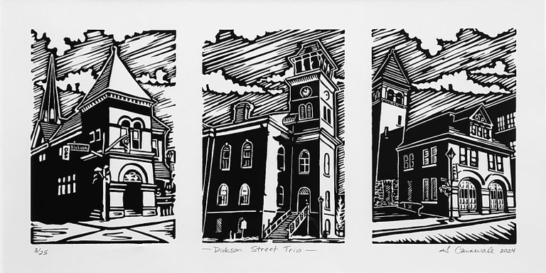 relief print; 3 images of buildings