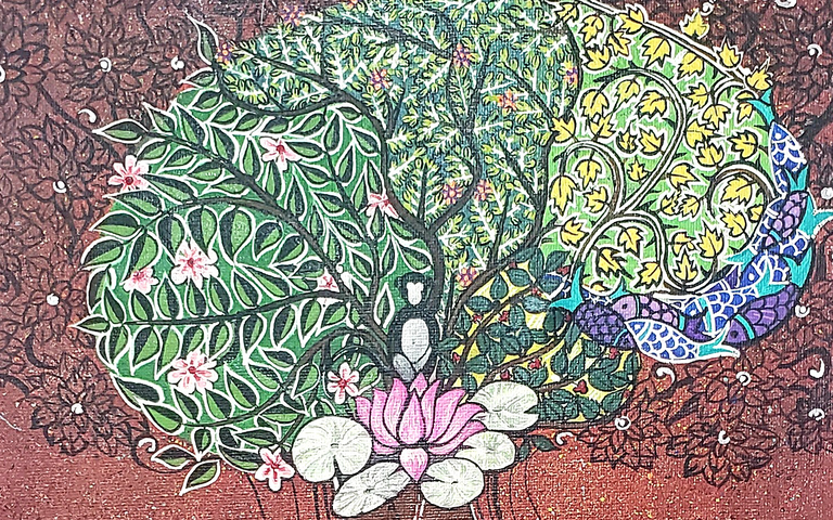 Painting of tree featuring human elements