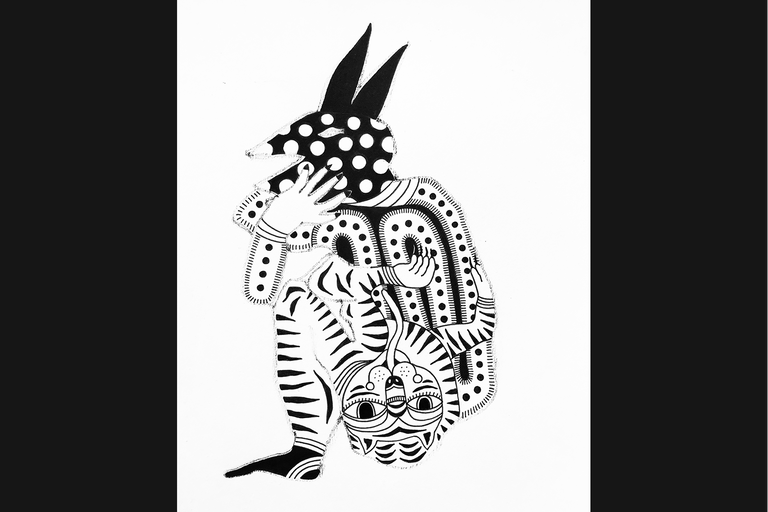 A black and white drawing of a fantastical figure with a rabbit top and tiger bottom. The creature has human hands and is covered in bold patterns.