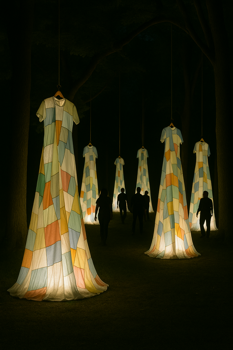 Patchwork fabric sculptures hanging with wooden hangers off of tree branches in a dark park, with people walking around them.