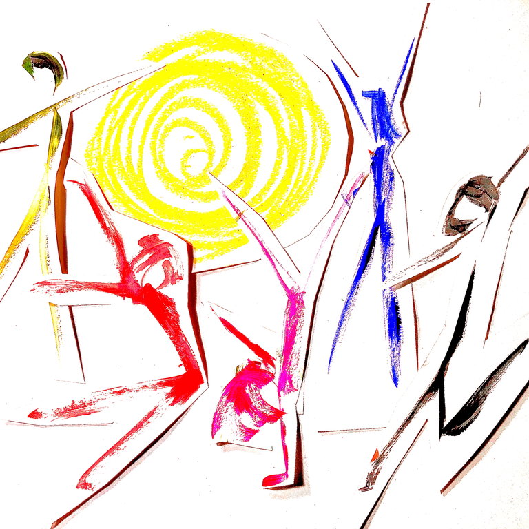 Aliens and humans dancing in the sunshine.