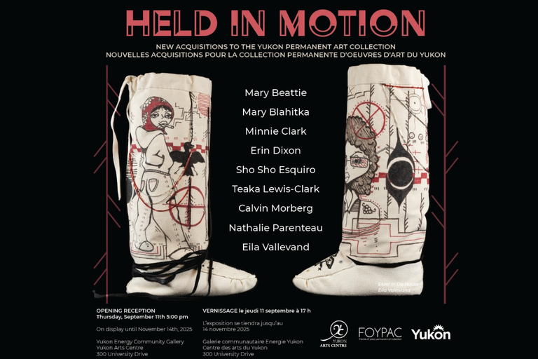 Two white mukluks covered in graphic art and sketches in Sharpie pen, with names of artists between them.