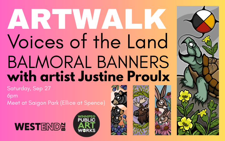ARTWALK poster with woodland art by Justine Proulx of a turtle with tobacco plants and a medicine wheel; bears with blueberries; moose with braided sweetgrass; and rabbits with echinacea