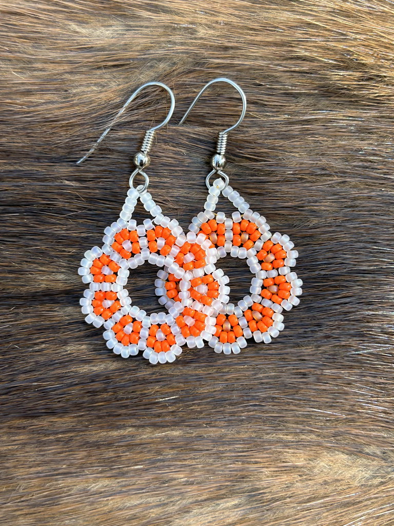 Two pairs of beaded earrings that look like wreaths made up of orange flowers with white centres and white surrounding the flowers
