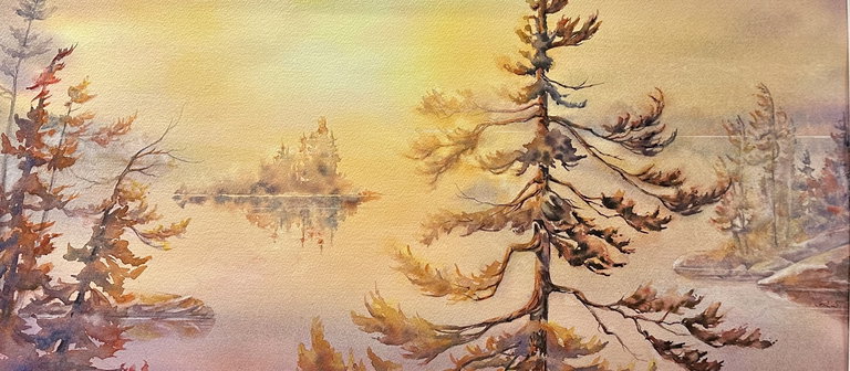 Watercolour: calm lake with small island