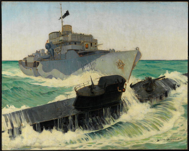 War artist Harold Beament's painting depicts the destruction by the Canadian corvette HMCS Ville de Québec of German U-Boat (submarine) U-224 on 13 January 1943