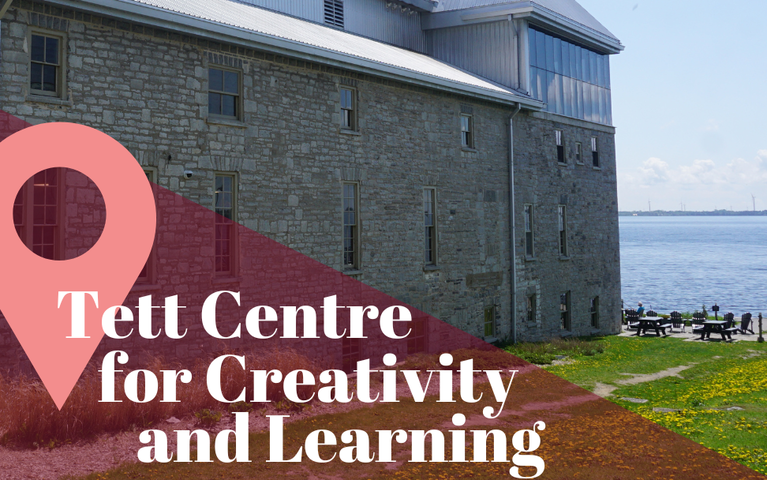 An image of the west side of the Tett Centre, a limestone building overlooking the lake with many windows and a tower. A location pin is pictured next to the text, "Tett Centre for Creativity and Learning"