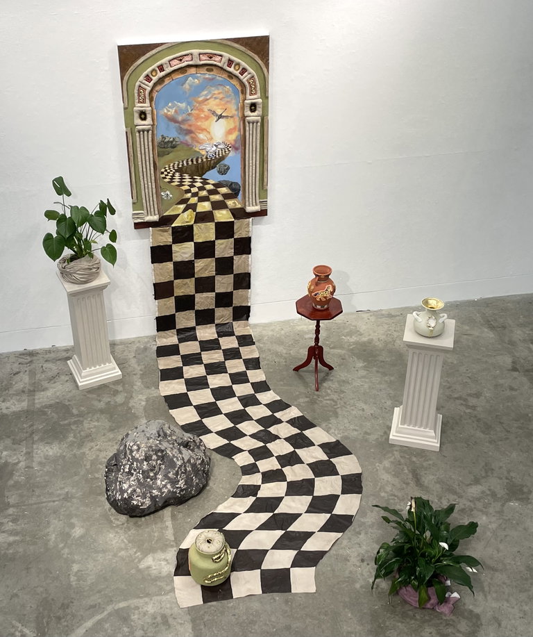 Surreal image of a checked floor emerging from a painting onto the floor, columns and furniture in the room