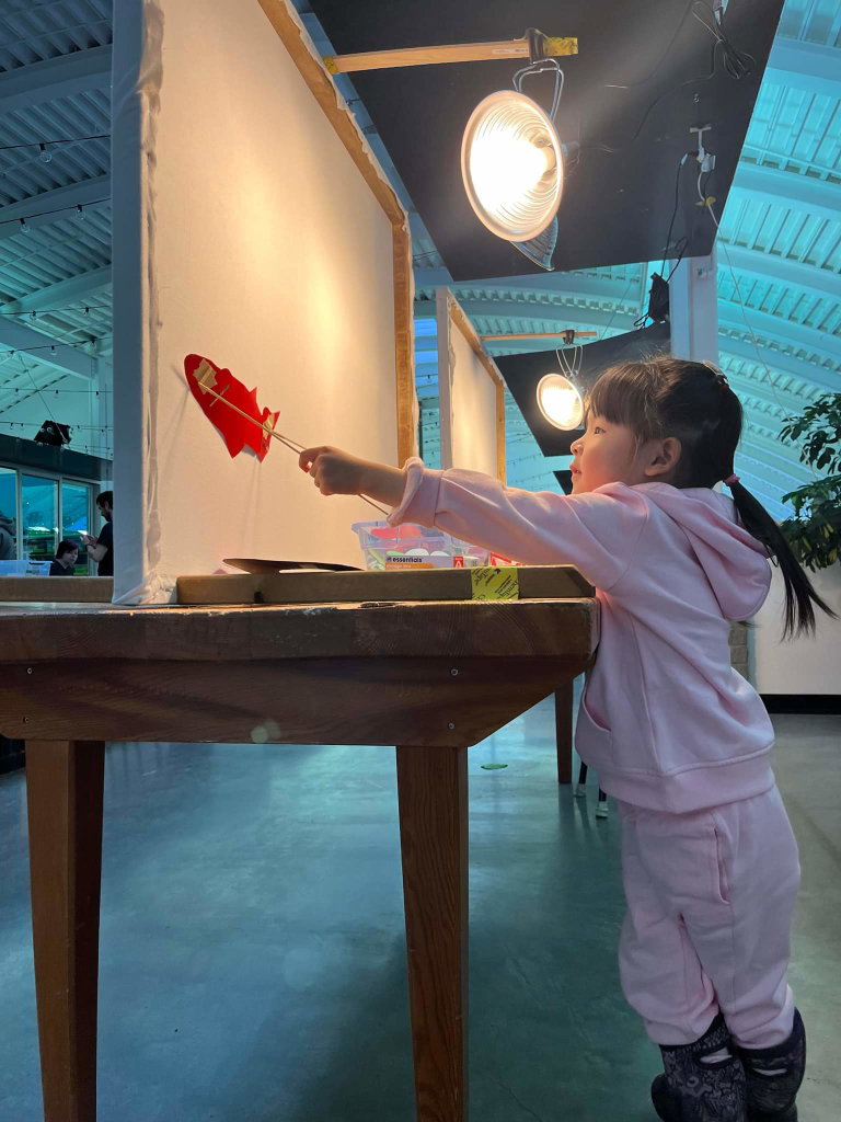 Girl performing her shadow puppet fish.
