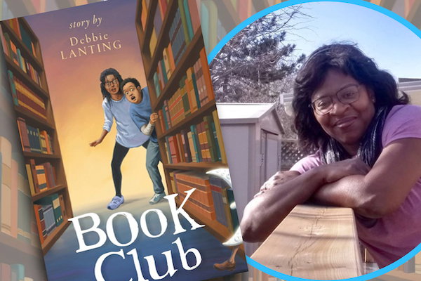 woman with dark hair wearing glasses and a purple shirt, and standing outside, and an illustrated book cover of two young adults with surprised expressions peering around two tall library book stacks.