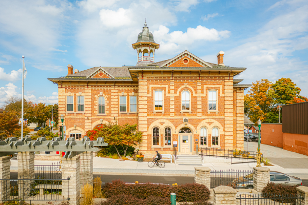 An image of a large red-brick building, Orangeville's Town Hall