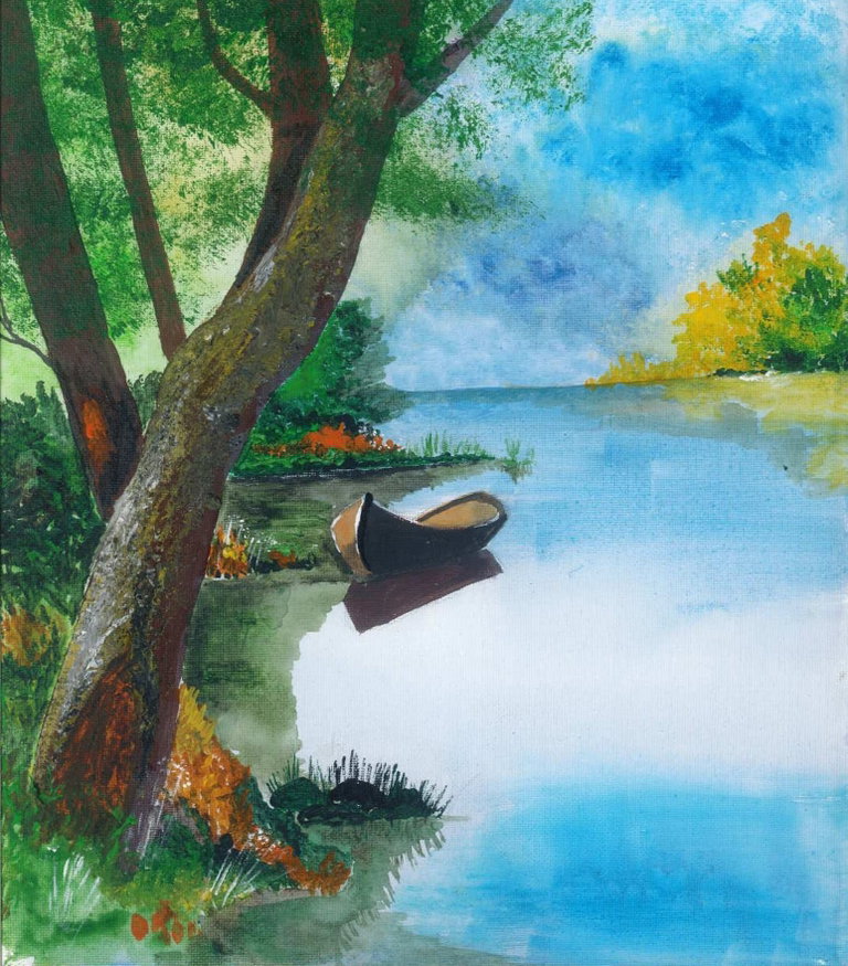 Watercolour: calm lake with small island