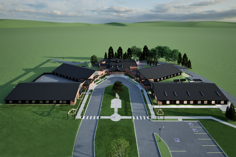 Overhead rendering of the Shaw Artists' Village campus - five buildings in a horseshoe configuration.