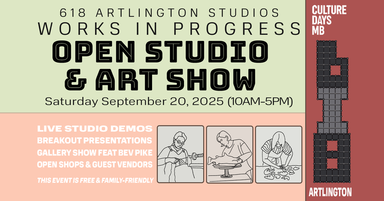 Works in Progress at 168 ARTlington Open Studio and Art Show. Saturday September 20, 2025 (10AM to 5PM). Live studio demos, breakout presentations, gallery show featuring Bev Pike, Open shops and guest vendors. This event is free and family friendly.