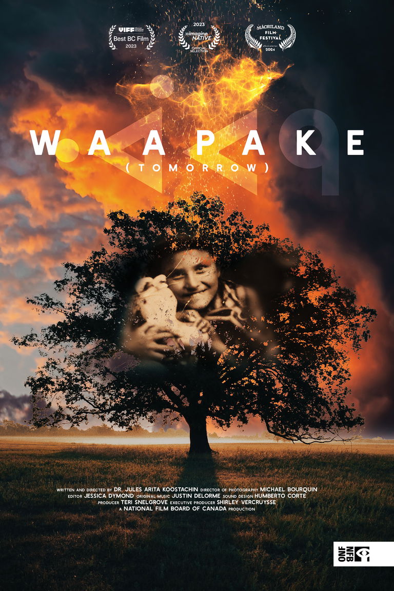 images of a child holding a bunny, superimposed on the dark outline of a tree, with a glowing sunset lit clouds behind, and smokey embers in the upper left hand corner