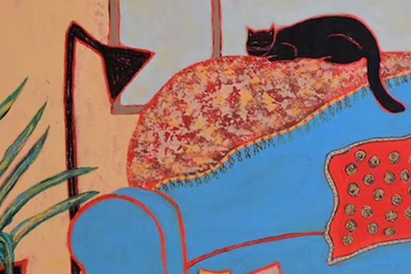 Close up of painting with blue chair and cat