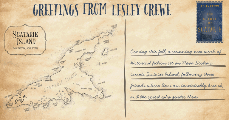 a postcard in sepia print, with a line drawing of Scaterie Island, Cape Breton