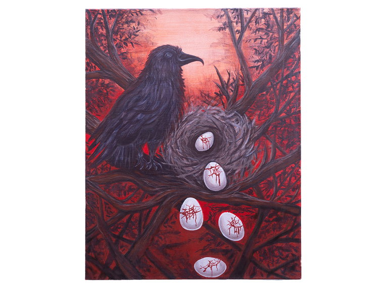 Image of crow nest with eggs falling out