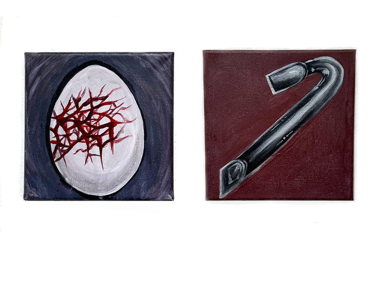 Image of egg with red cracks and a crowbar