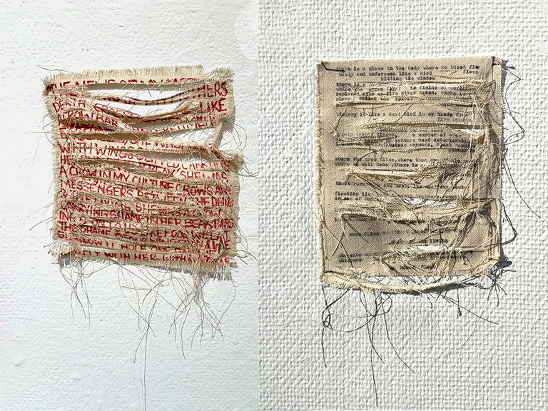 Shredded fabrics with text in rows