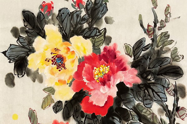 traditional Chinese painting of two flowers, one red and one yellow, with green leaves in the background