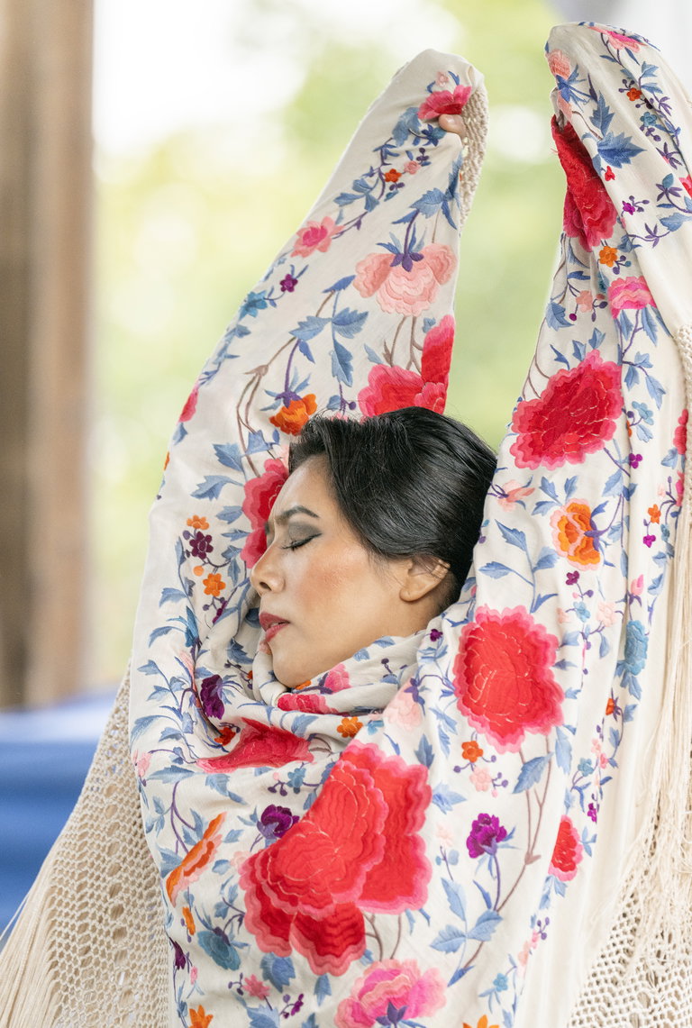 Flamenco dancer performing with a mantón