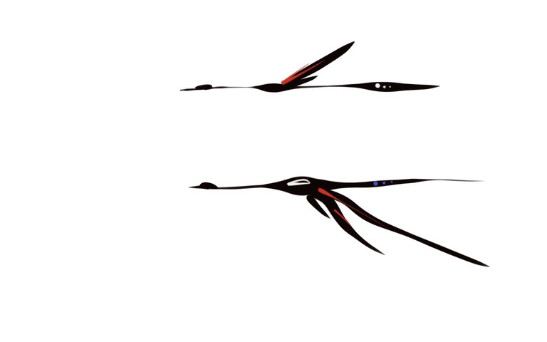 Two birds in flight drawn in black ink with touches of red and blue on a white field