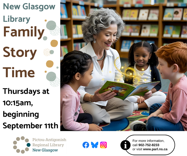 4 people seated on the floor reading a childrens book together, and older woman with white curly hair and 3 children