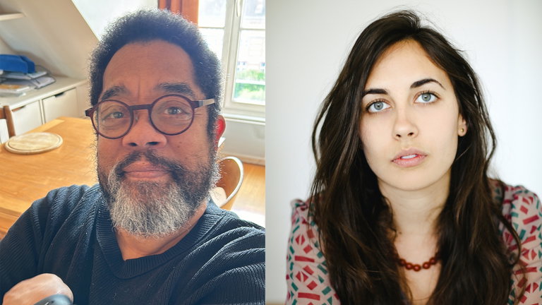 A photo collage showing André Alexis, Giller Prize-winning author of Fifteen Dogs, and Marie Farsi, the playwright and director behind its theatrical adaptation.