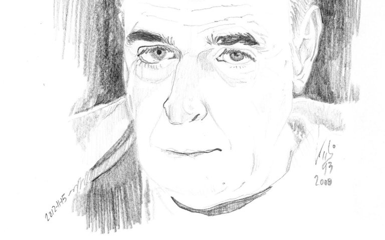 A portrait of a man's face drawn in pencil.
