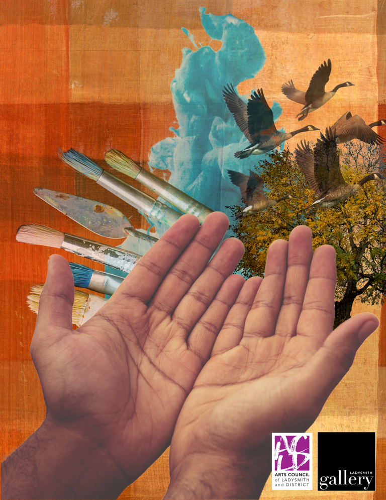 Collage photography of hands together palms up in the foreground, behind them are paint brushes, blue smoke, large tree and geese flying