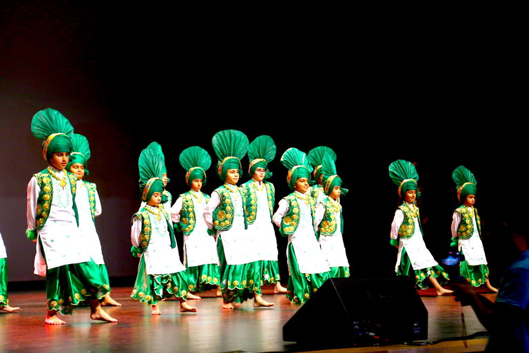 Bhangra dancers performing in traditional Punjabi folk costumes.