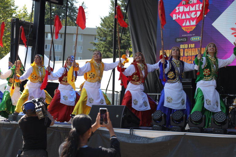 Community members learning basic Bhangra movements during a Punjabi folk dance workshop.