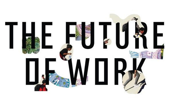 Black text on a white background reads The Future of Work. There are collaged snippets of images of workers and fragments of landscape interspersed throughout the letters.
