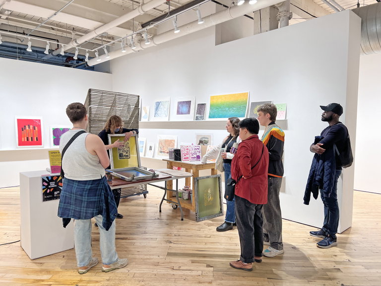 Artist Arwen Giel giving a screenprinting demonstration. ON Culture Days, 2024.