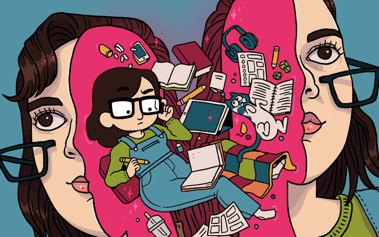 Colourful illustration of the head of a woman split open to show the artist inside holding pencil and notebook, surrounded by pencils, papers, notebooks, cat, headphones, tech devices