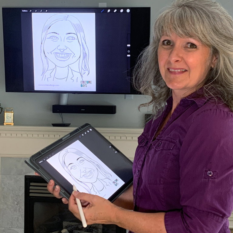 Digital artist Linda Laforge drawing a Caricature