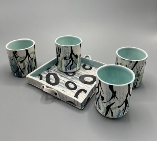 Handmade mugs & tray pottery by Barbara Banfield