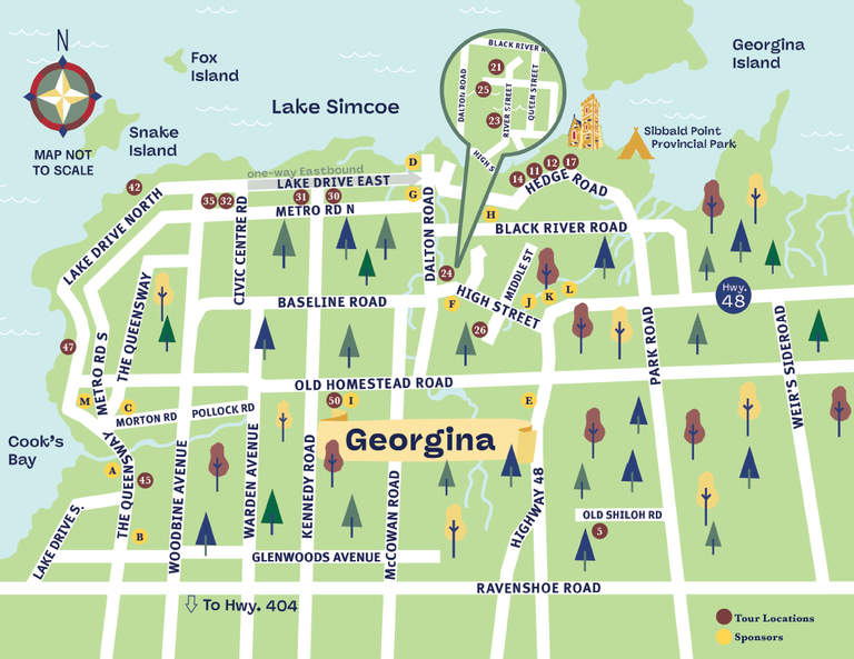 Whimisical map of Georgina showing studio locations.